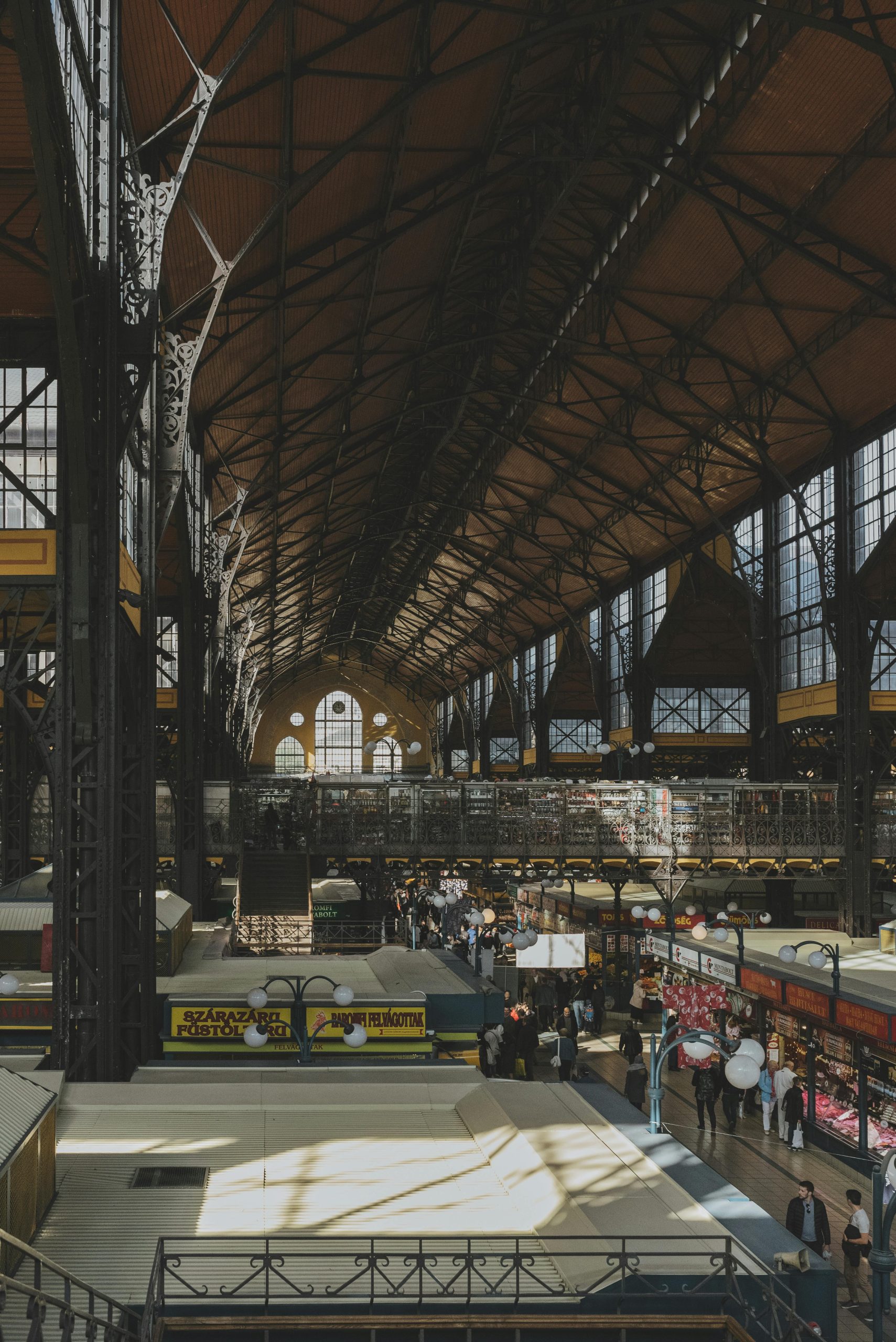 View from the upper gallery down to the bustling ground floor of the Great Market Hall, Budapest